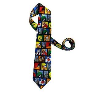 Vintage 90s Looney Tunes Stamp Collection Mens Tie With Colorful Cartoon Charact